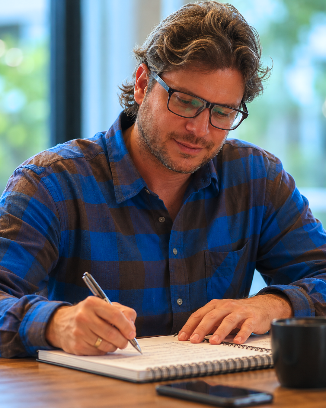Lucas Carballo escribiendo en su cuaderno con anteojos y camisa a cuadros azules, en una mesa de madera con luz natural detrás.